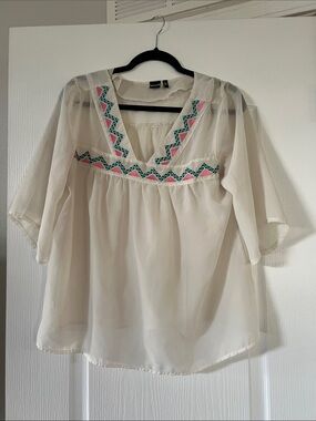 Cruel Girl Cream Boho Embroidered V-Neck Blouse with Pink and Teal Accents